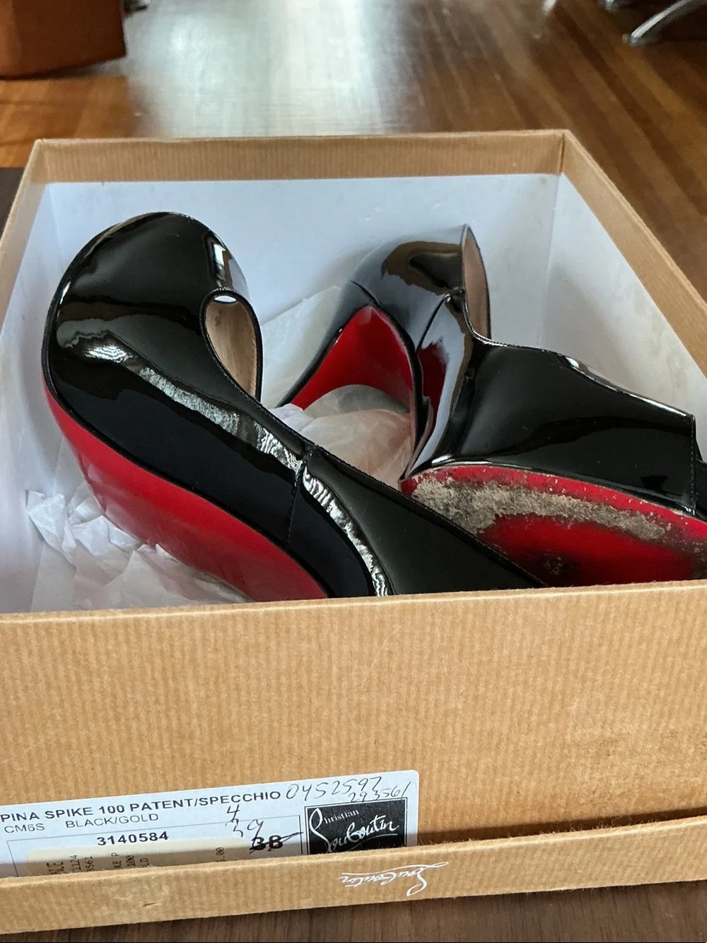 Christian Louboutin Black Patent Spike Platform Pumps with Red Soles